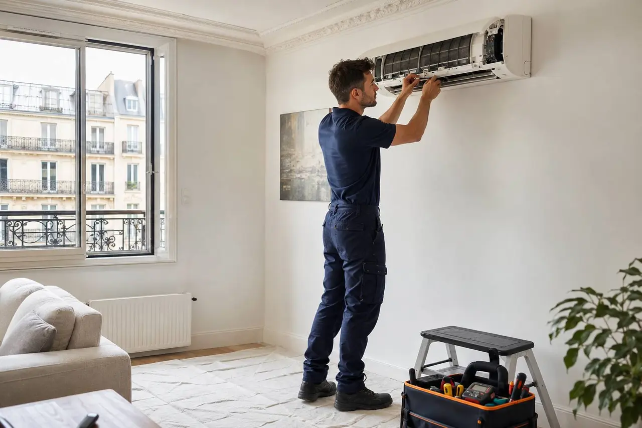 Professionnel contrôlant une installation de climatisation dans un logement