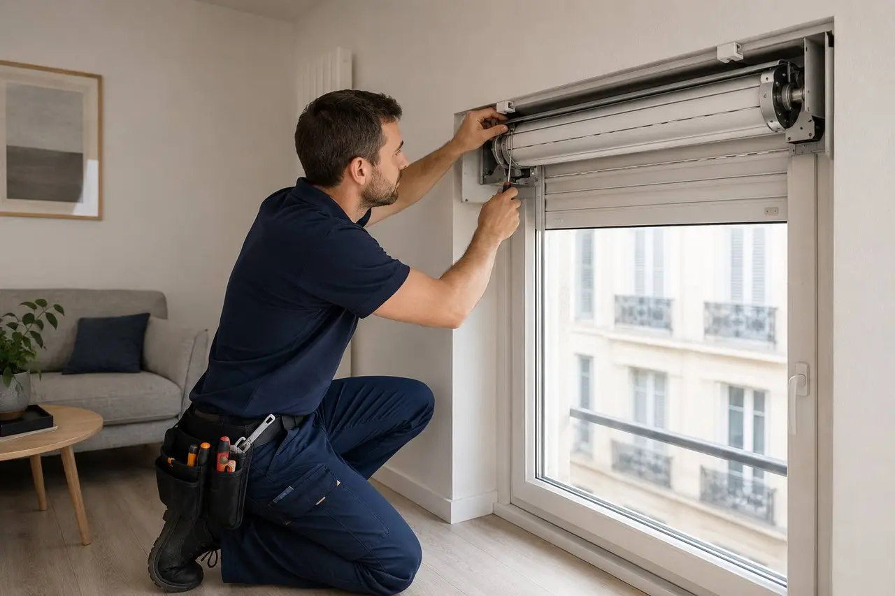 Professionnel contrôlant une installation de volets roulants dans un logement